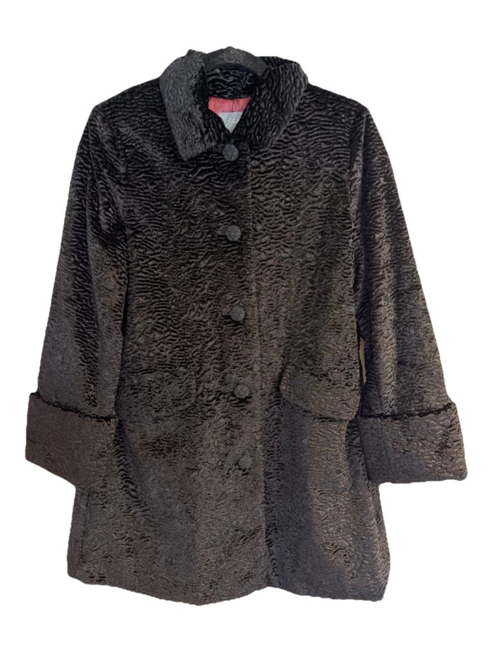 J JILL Black Faux Persian Lamb Fur Retro Style Mid-Length Coat Womens S